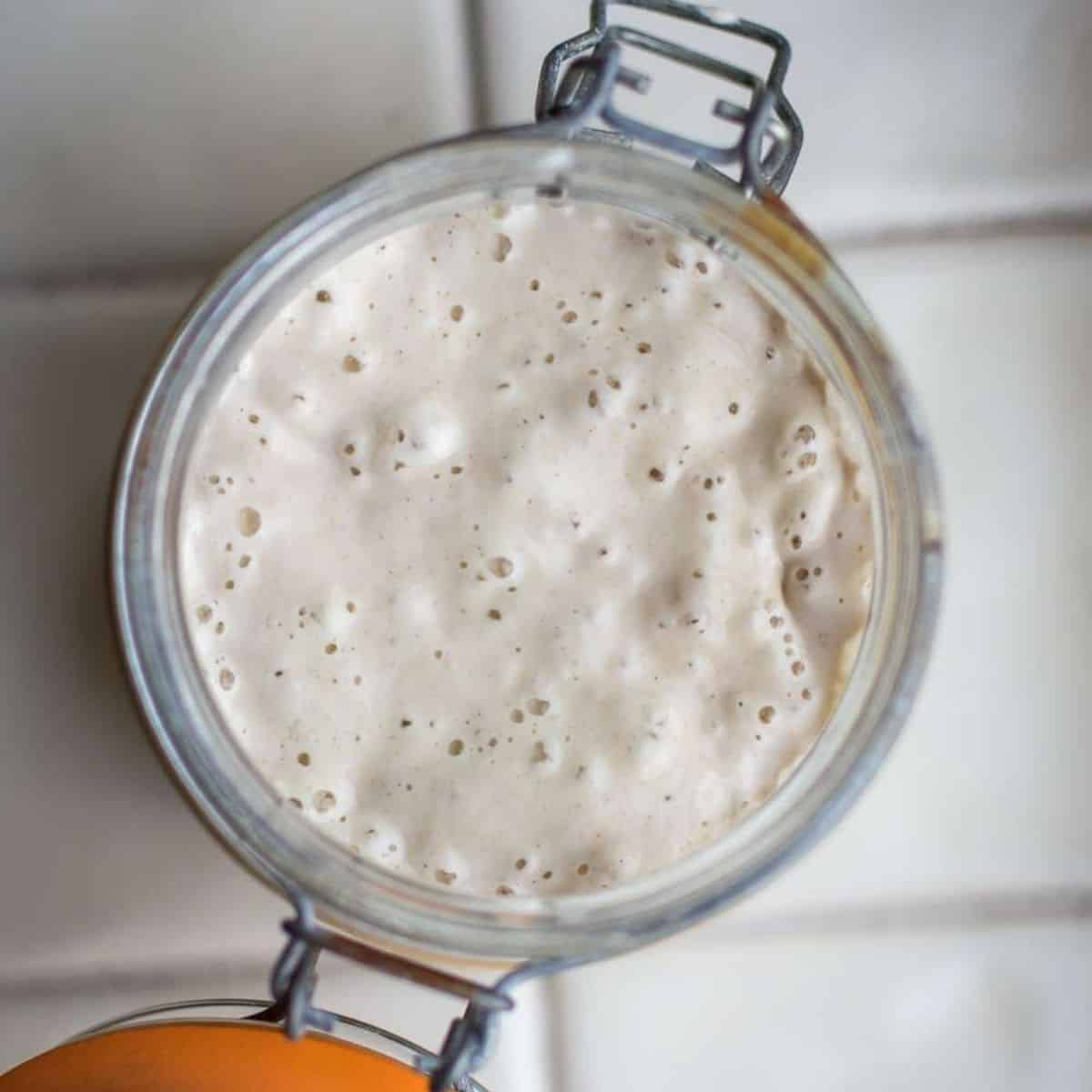 sourdough starter with bubbles on the surface in a glass jar.
