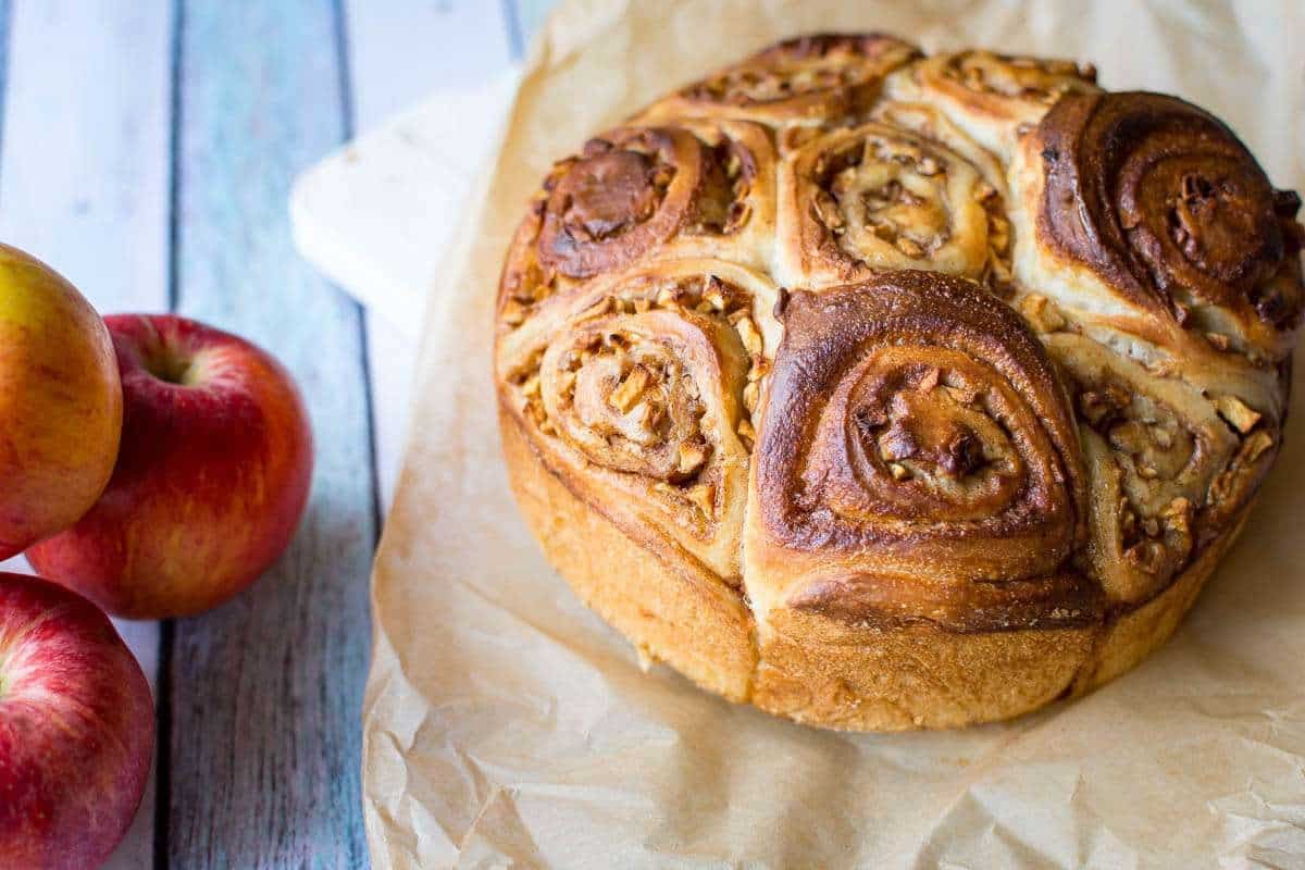 Sourdough Apple Cinnamon Rolls out of the cake tin ready for icing.