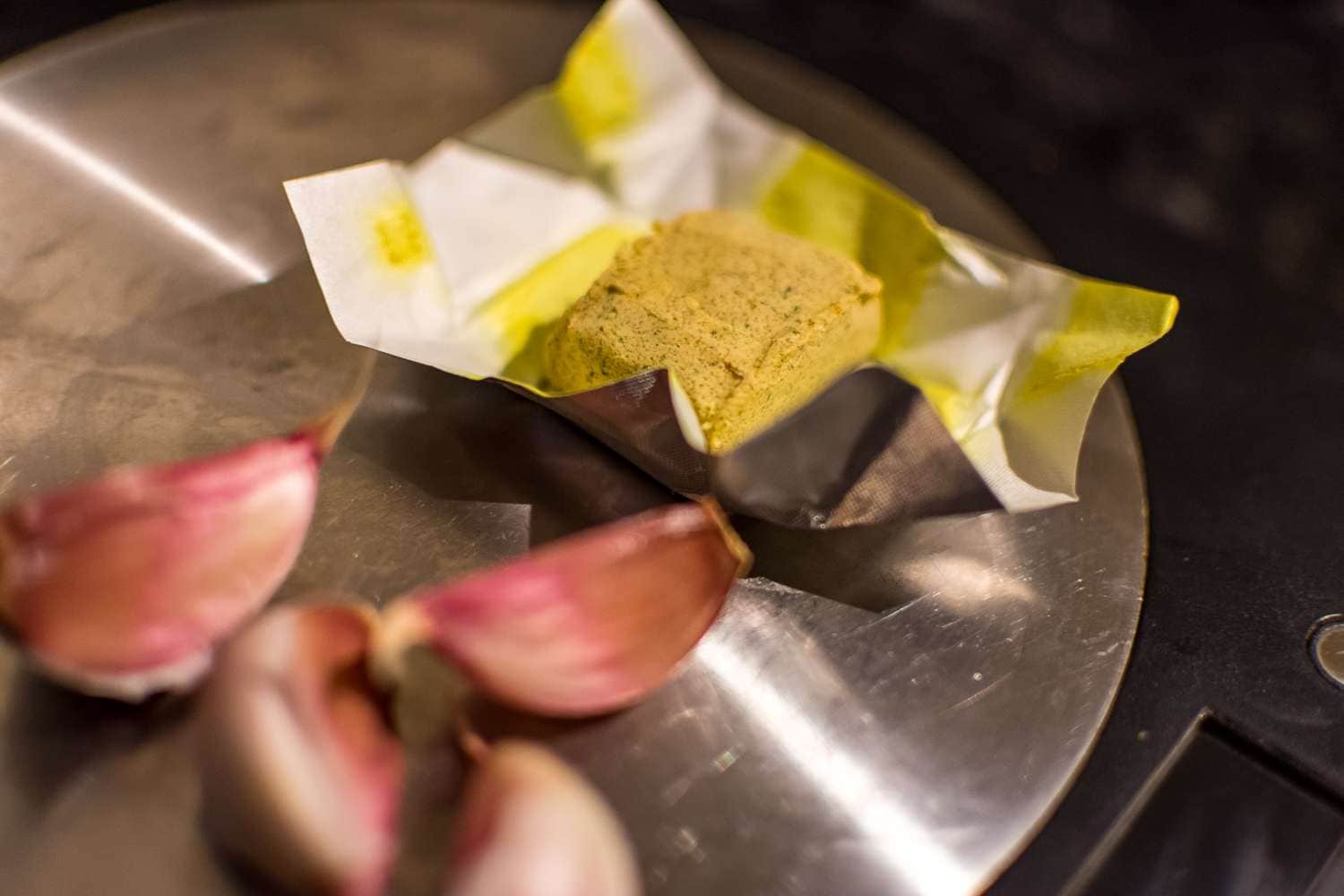 Garlic cloves and a cube of stock.