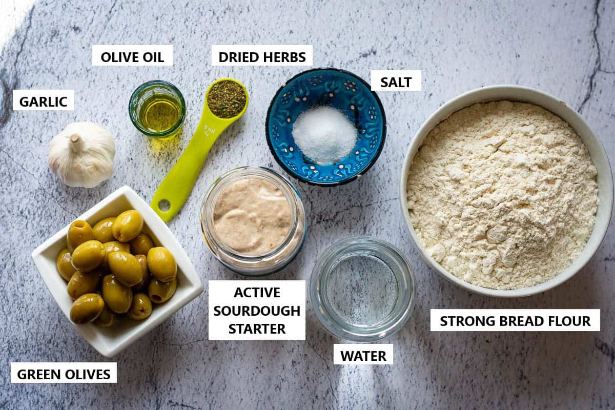 Ingredients for Olive Sourdough Bread With Roasted Garlic.