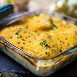 Smoked Haddock gratin in a square ovenproof glass dish.