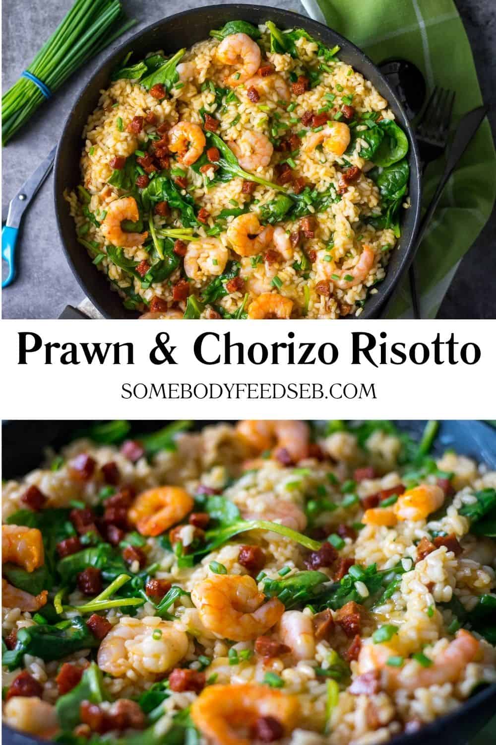 A collage of photos of Prawn and Chorizo Risotto: one in a frying pan, another one in a bowl with parmesan on top.