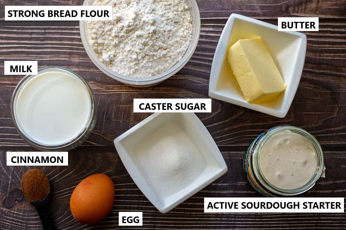 Ingredients for Sourdough cinnamon rolls dough.