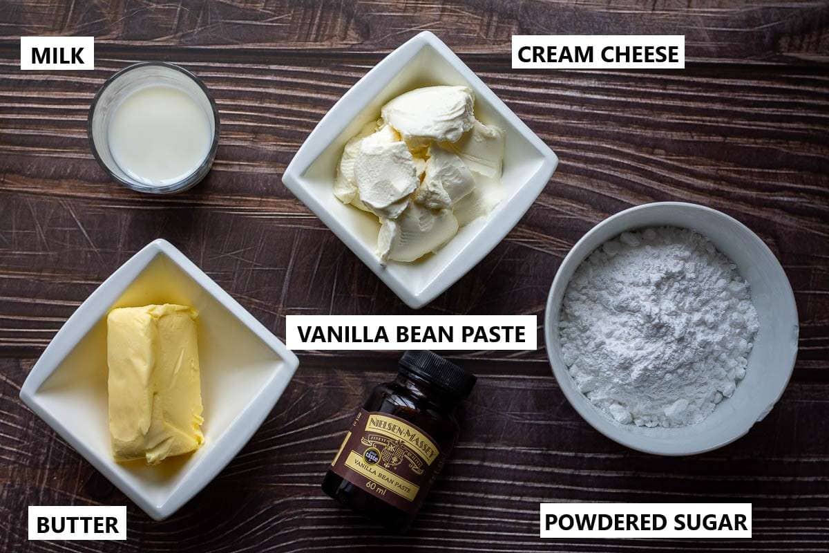 Ingredients for Cream cheese frosting for cinnamon rolls.