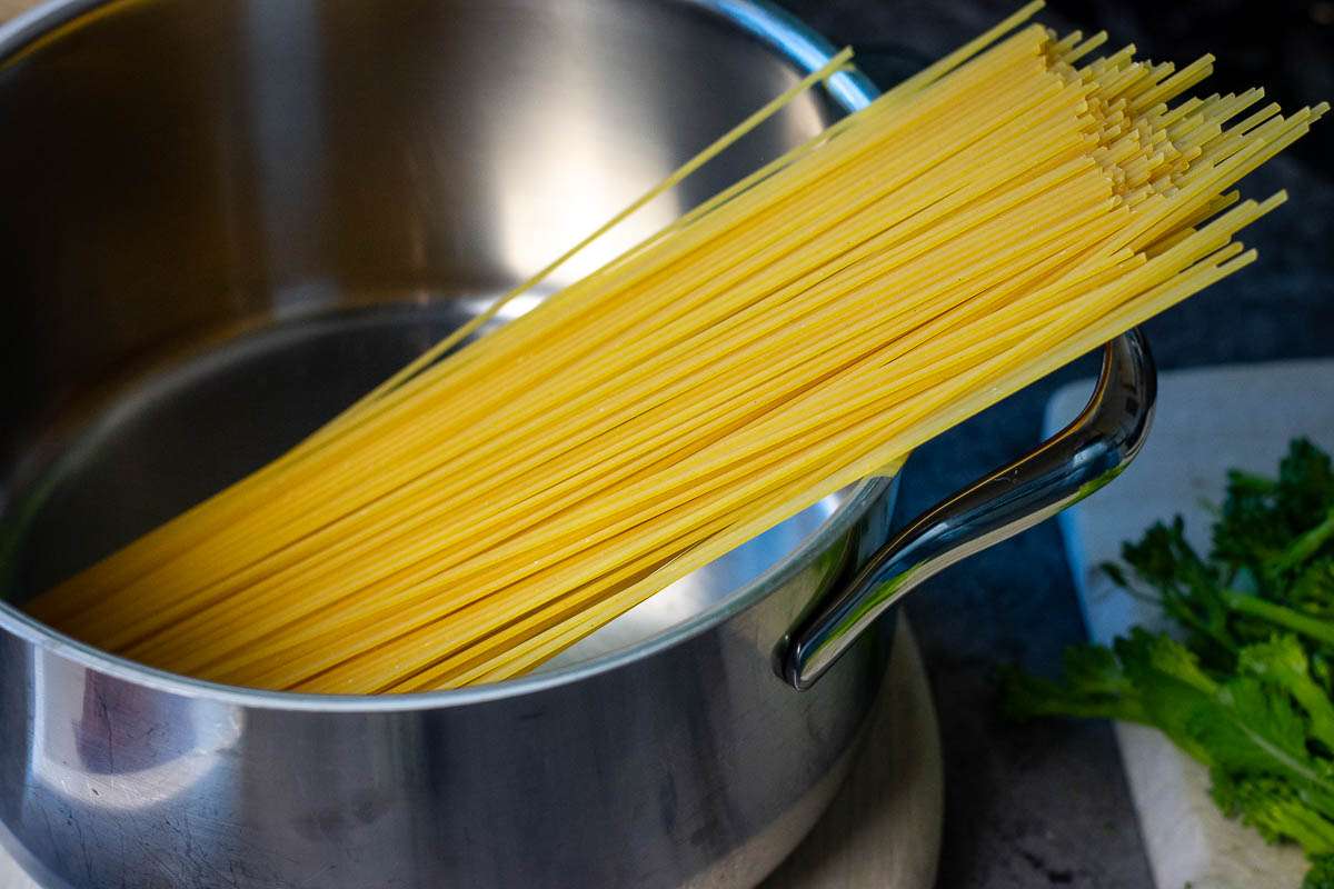 Spaghetti in a large pan.