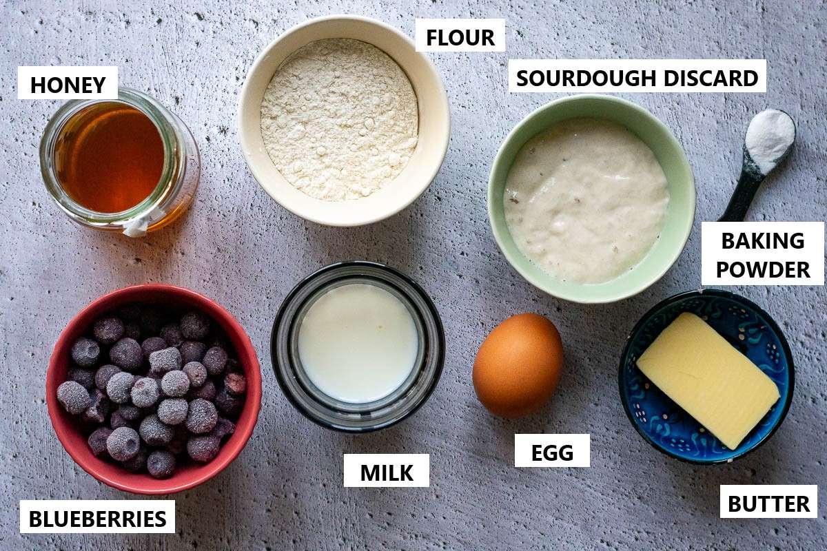 Ingredients for Sourodugh Blueberry pancakes on a grey surface.