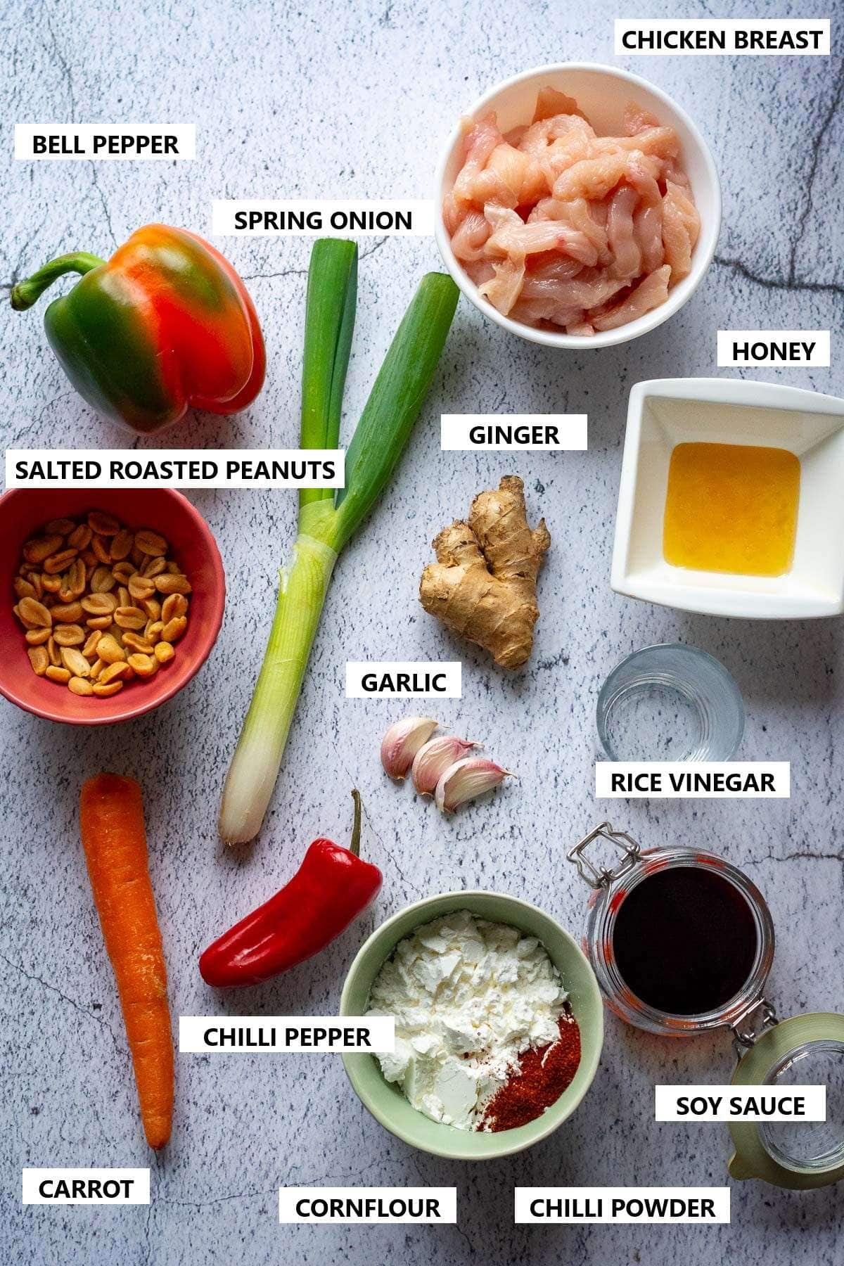 Ingredients for Kung Pao Chicken on a light grey surface.