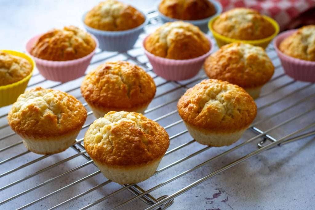 Sourdough vanilla cupcakes cooling on a wire rack.