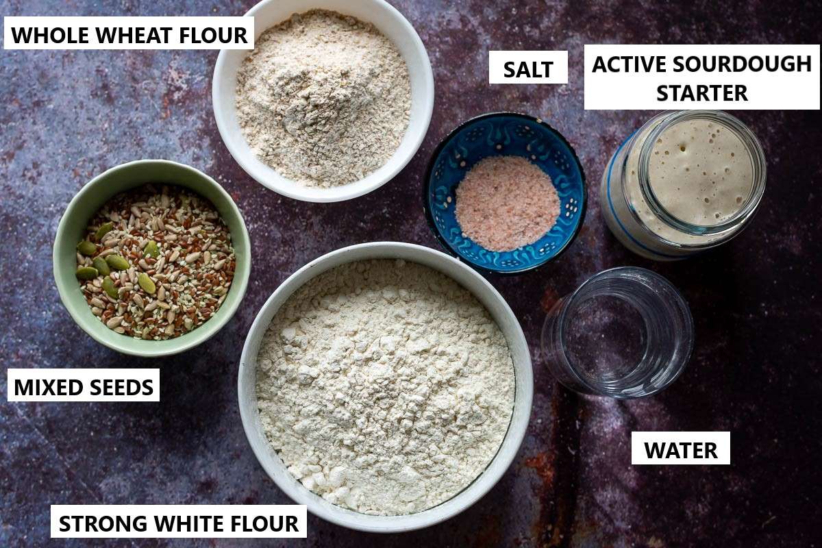 Ingredients for sourdough with seeds.