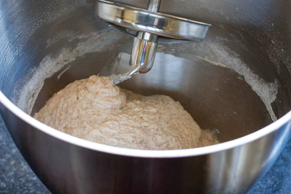 Sourdough being mixed in a stand mixed fitted with a dough hook attachment.