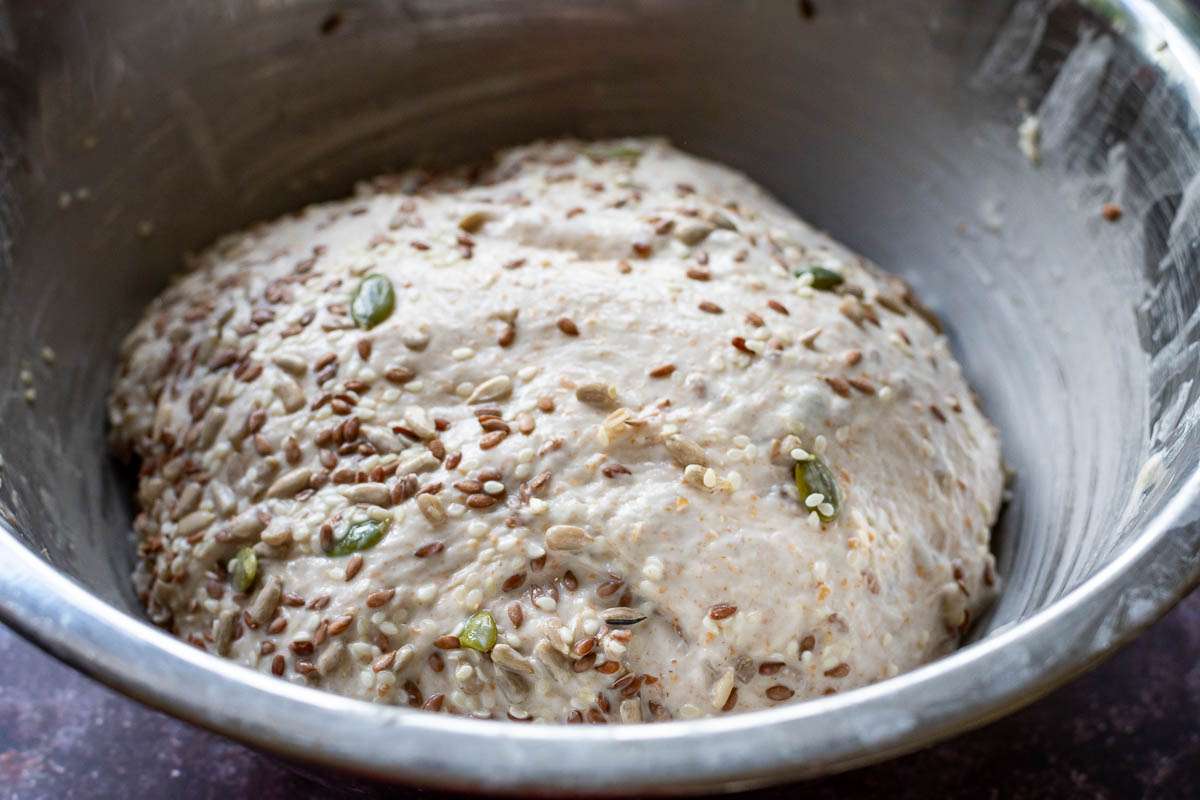 Sourdough after seeds have been folded in.