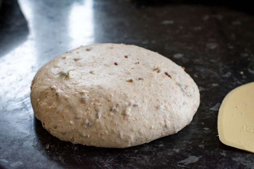 Sourdough shaped into the ball before overnight proof.