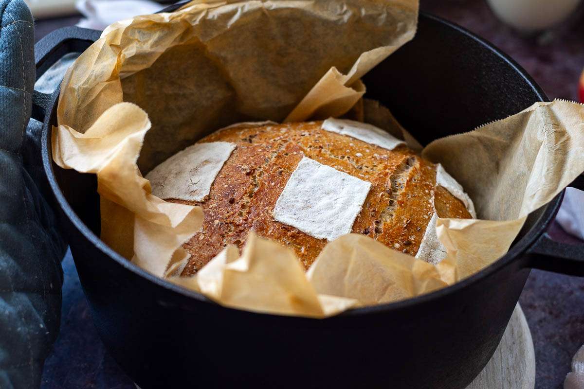 Baked seeded sourdough in a Duth oven.