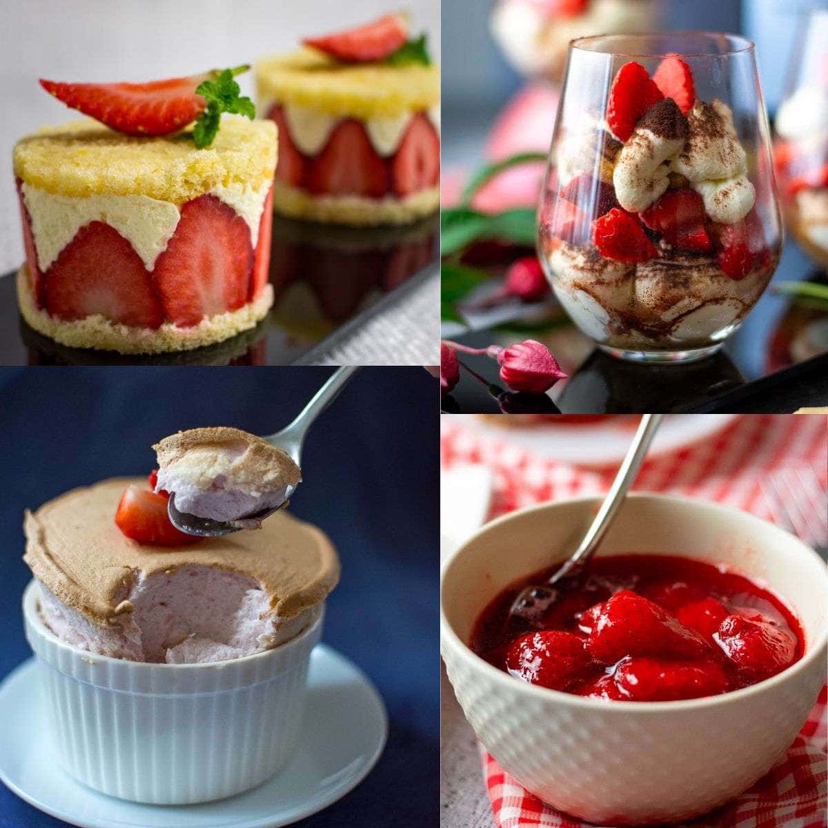 A collage of 4 photos of summer strawberry desserts.