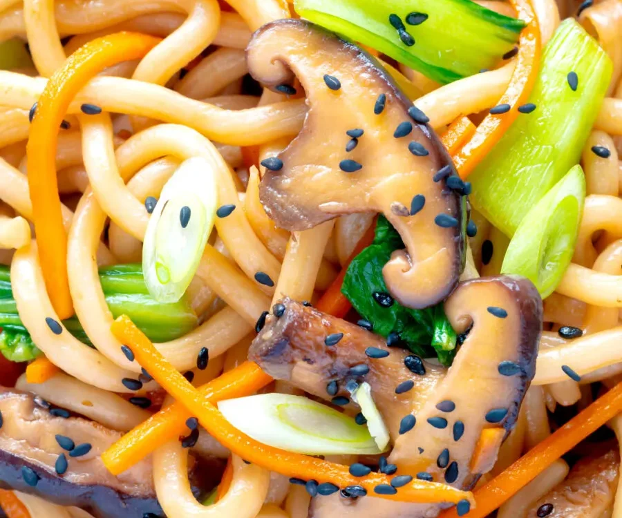 Yaki Udon noodle stir fry with shiitake mushrooms.