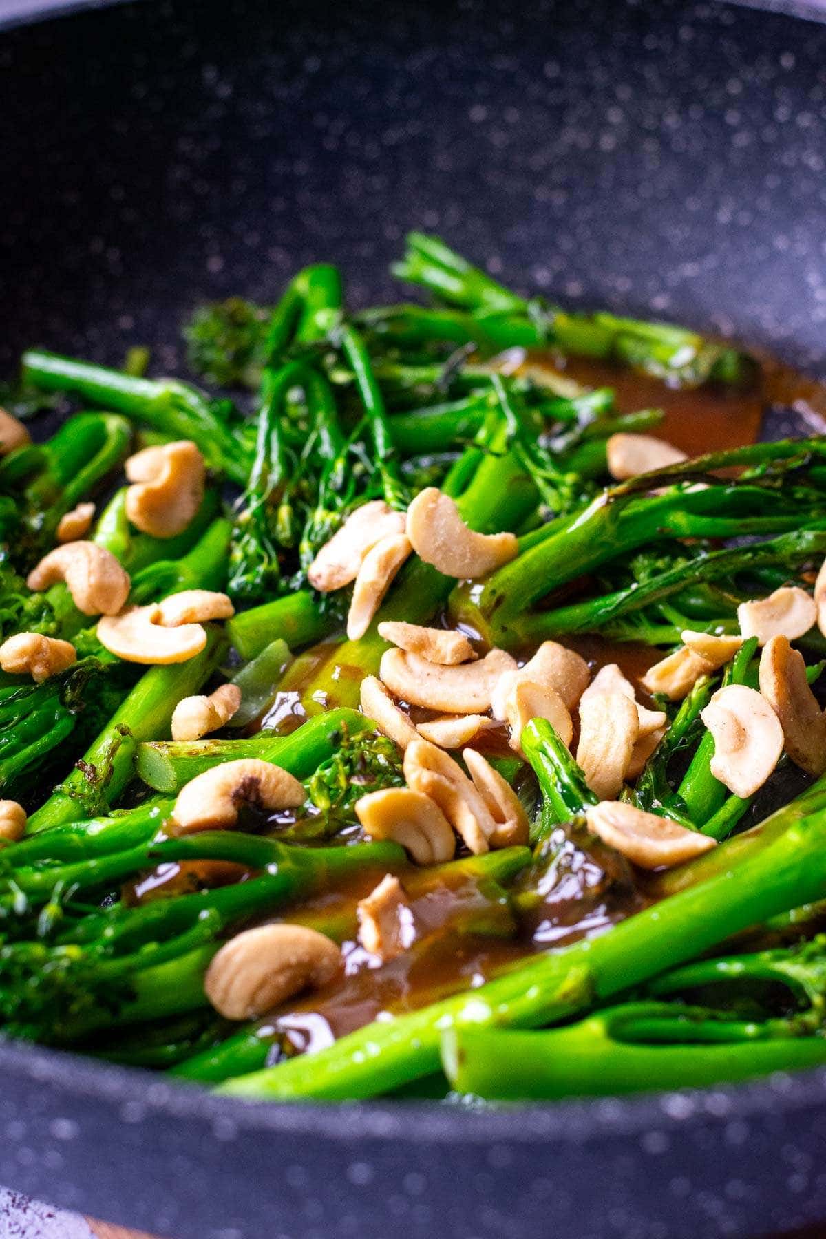 oyster Sauce and cashew nuts on top of stir-fried tenderstem broccoli.