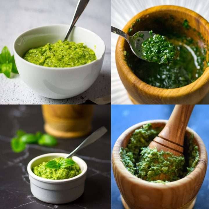 a collage of 4 pesto recipes.