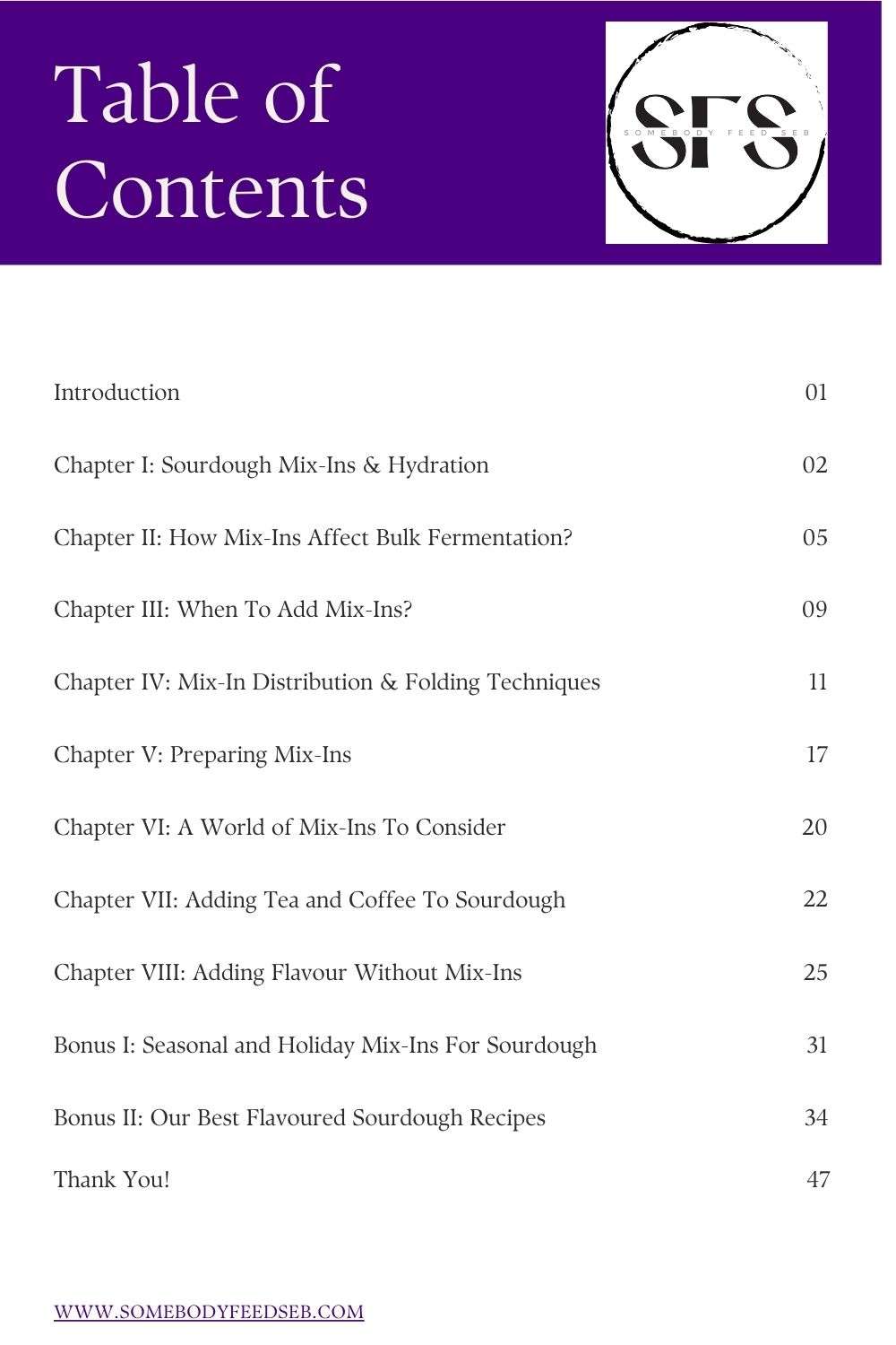Table of Contents of the Flavoured Sourdough eBook.
