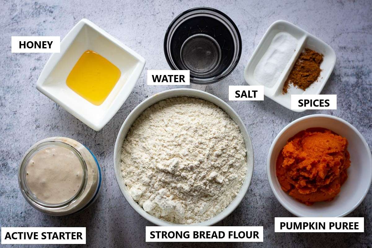 Ingredients for Pumpkin Sourdough bread.