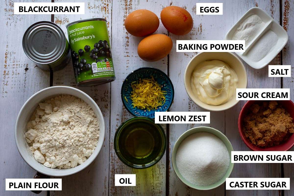 Labelled ingredients for Blackcurrant Cake With Olive oil.