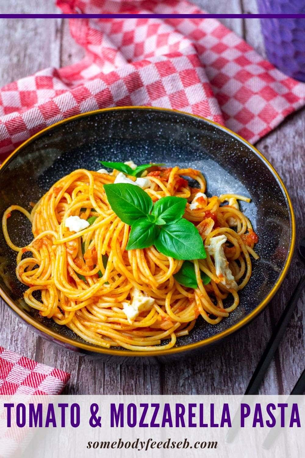 Tomato and Mozzarella pasta with basil Pin for Pinterest.