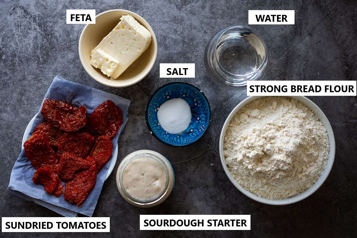 Ingredients for Sundried Tomatoes and Feta Sourdough Bread.