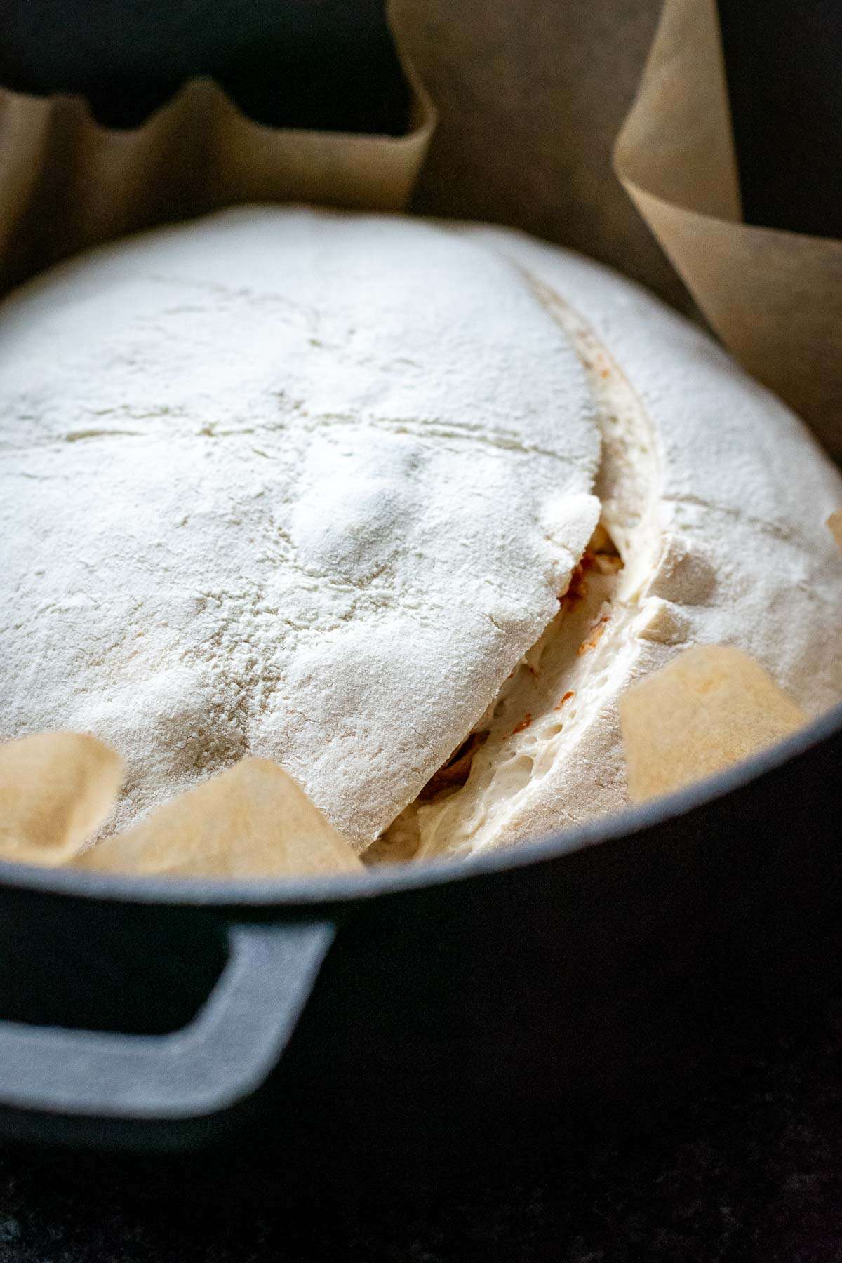 Scored sourdough bread in a Dutch oven.