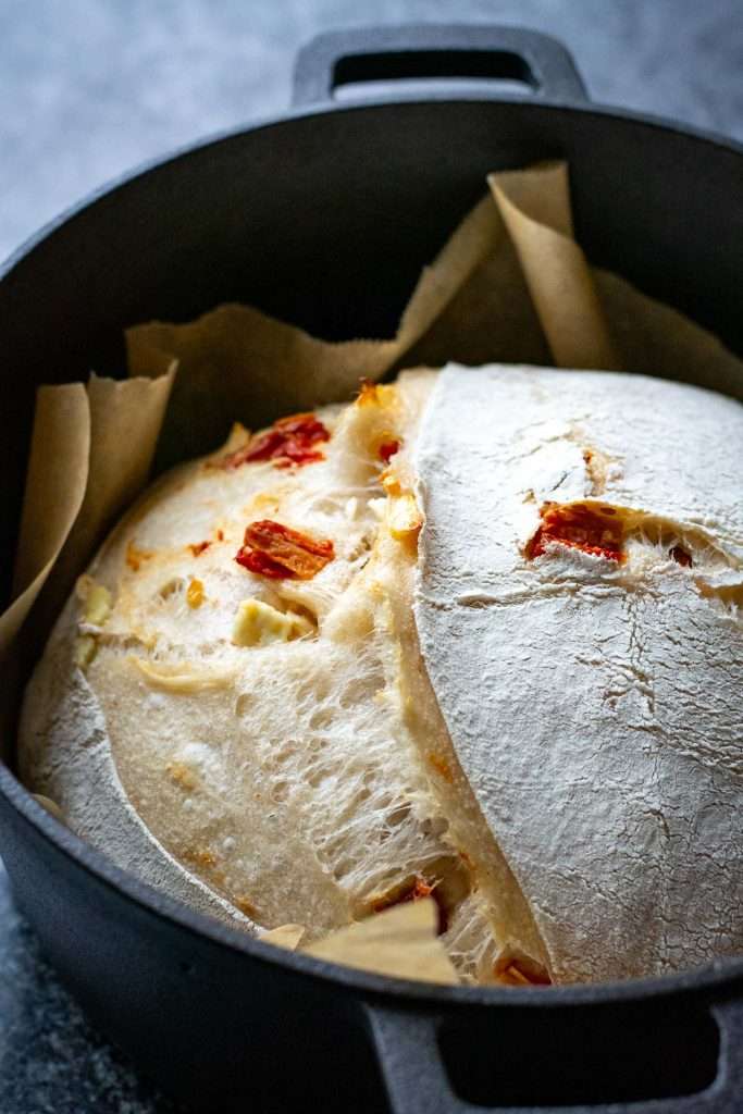Feta and sundried tomato sourdough after baking it in a dutch oven with a lid on.