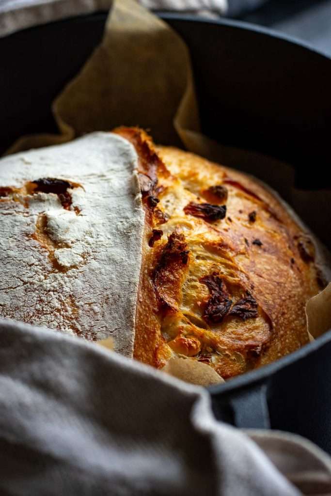 Feta and sundried tomato sourdough after baking it in a dutch oven with a lid off.