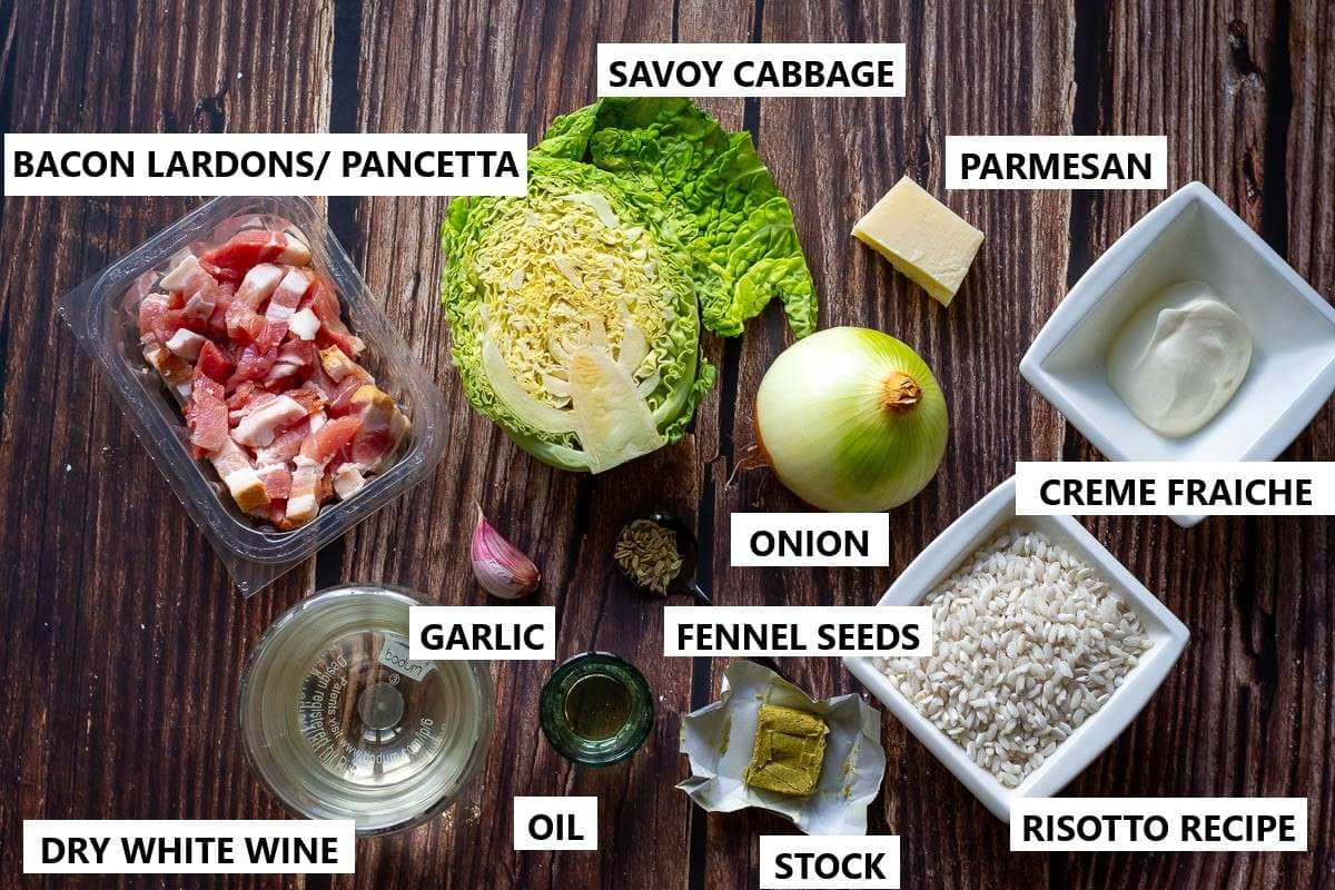 Ingredients for Cabbage and Bacon Risotto.
