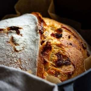 feta and sundried tomato sourdough bread in Dutch oven