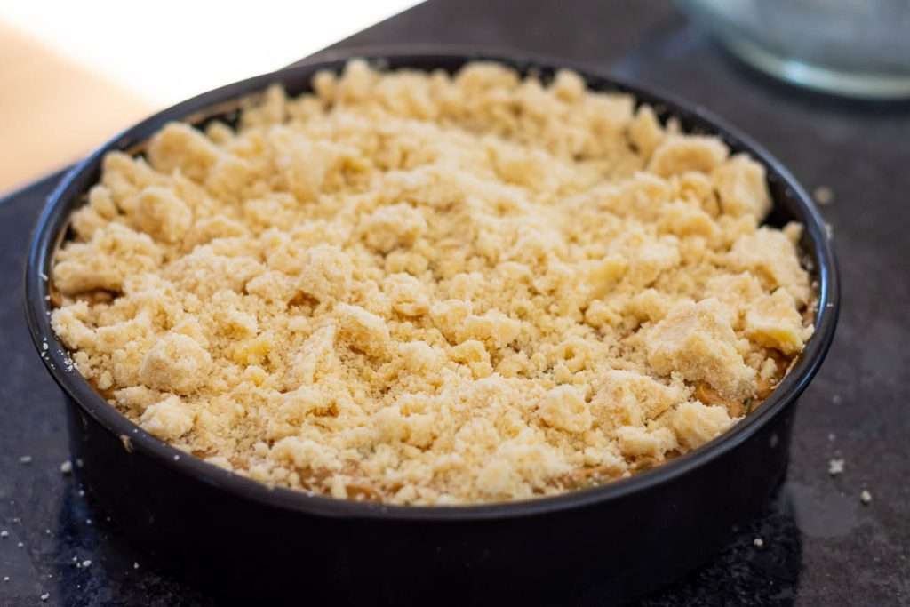 Streusel topping on top of the sourdough rhubarb cake.
