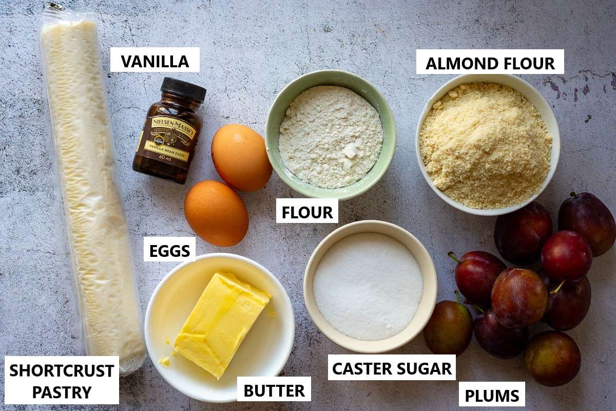 Ingredients for Plum Frangipane Tart.