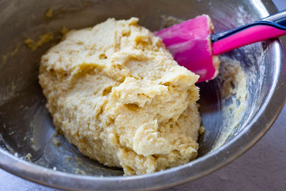 Frangipane mixture in a metal mixing bowl.