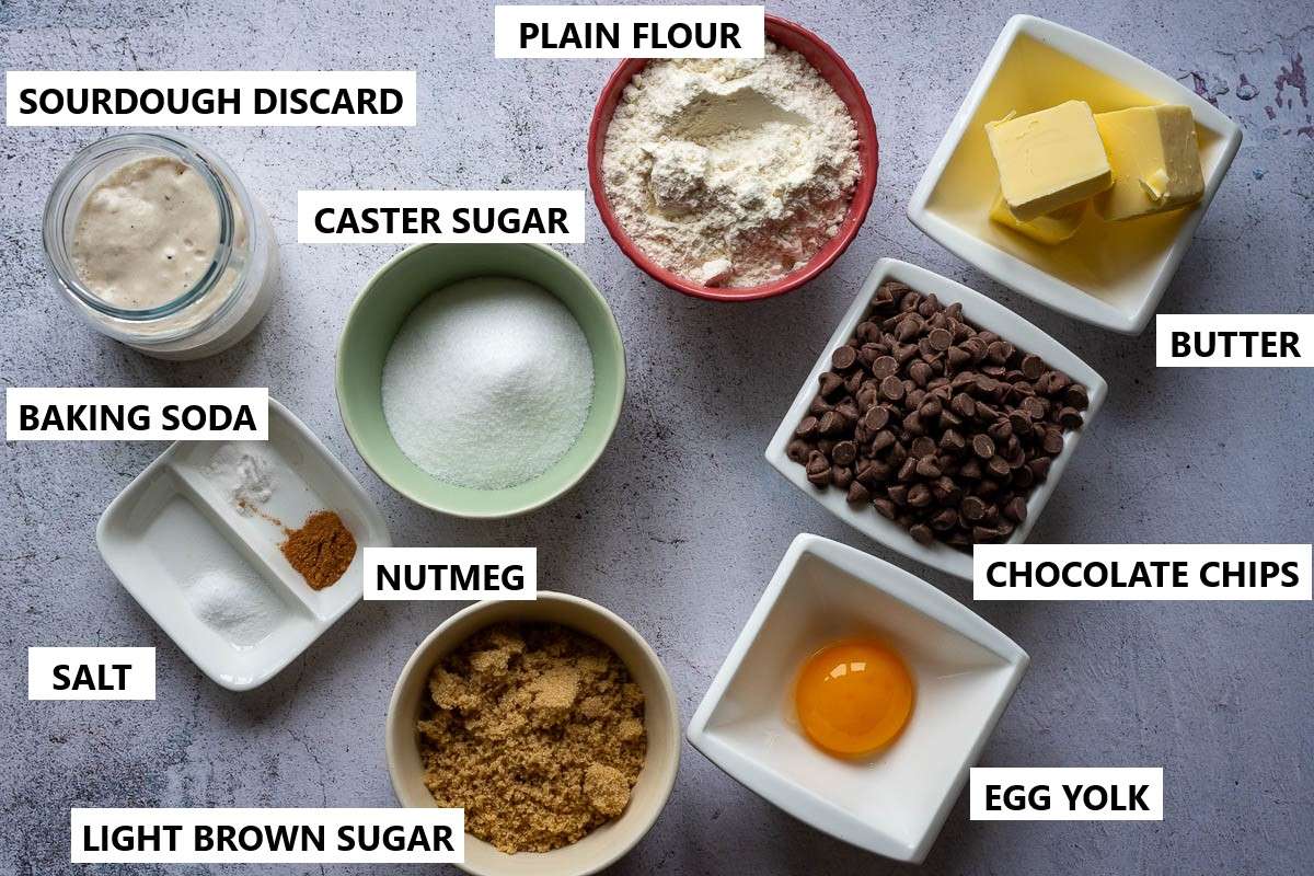 Ingredients for Sourdough chocolate chip cookies.
