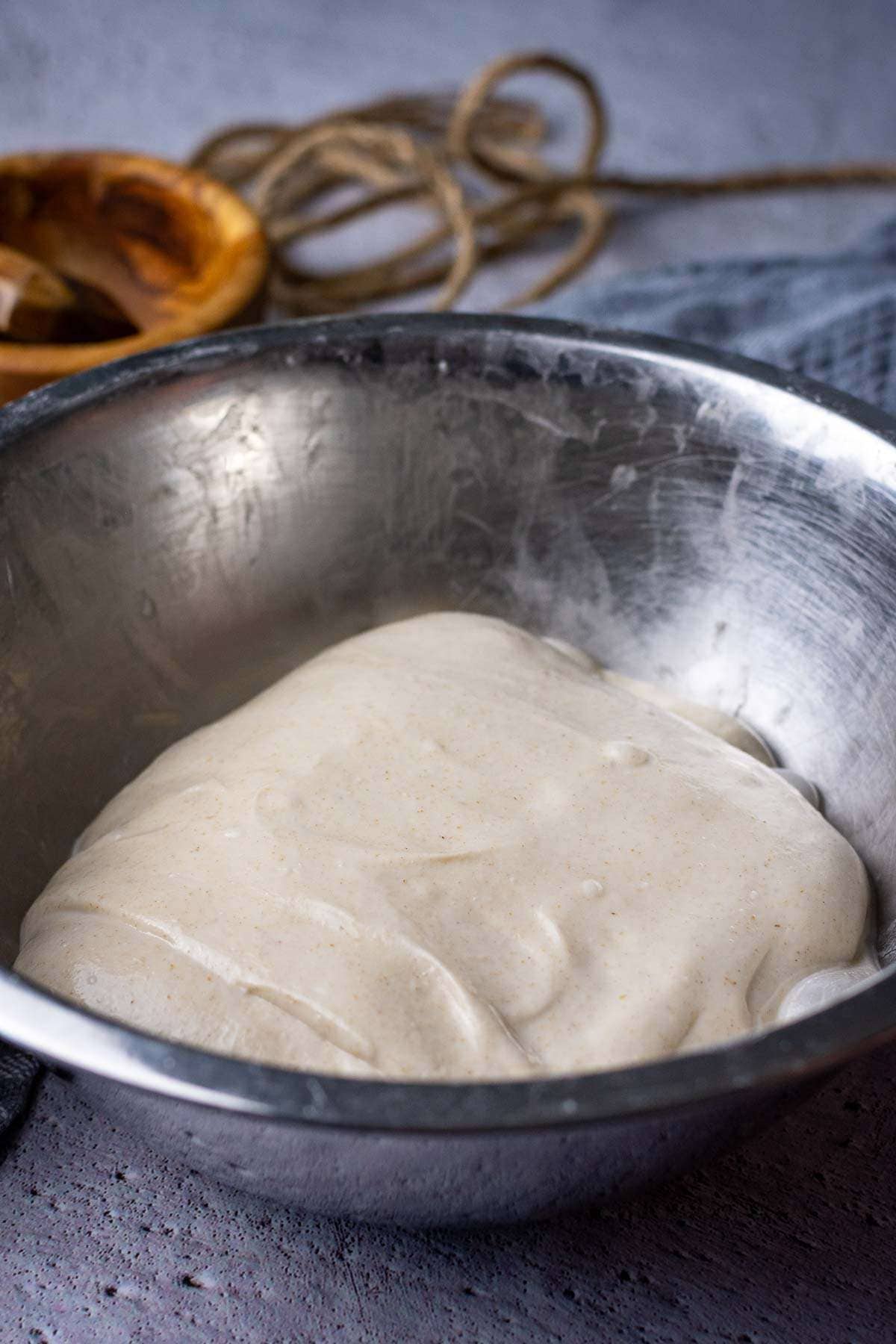 Sourdough after stretch and folds left to finish bulk fermentation.