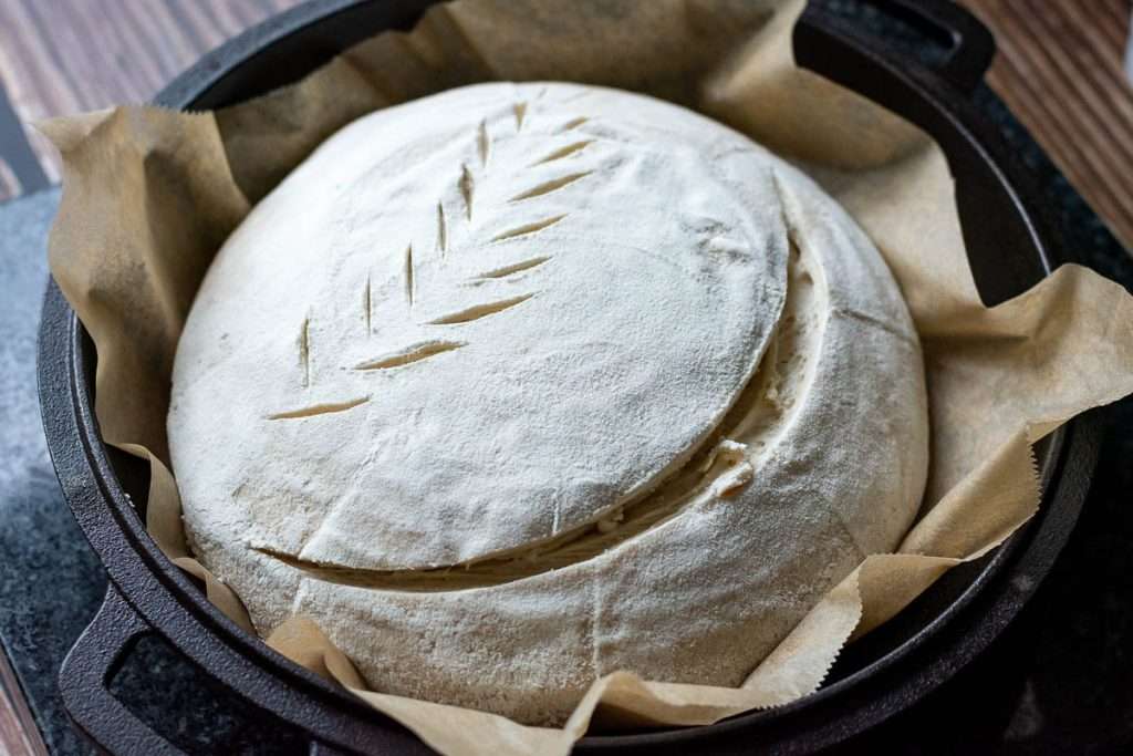 Scored sourdough on the lid of the Dutch oven before baking.