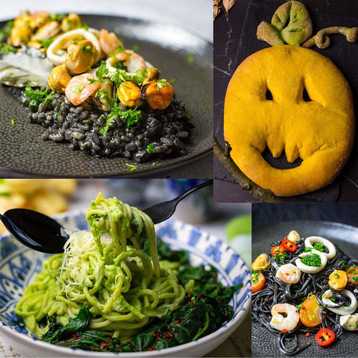 A collage of photos showcasing savoury Halloween recipes.