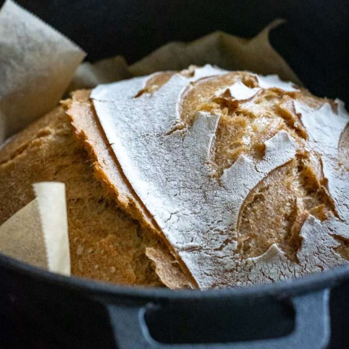 Sourdough rye bread in a dutch oven.