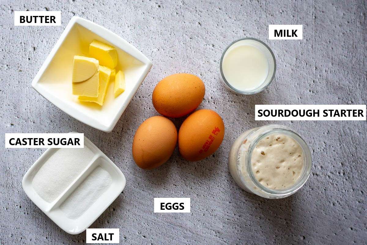 Ingredients for sourdough baked german pancake on a grey surface.