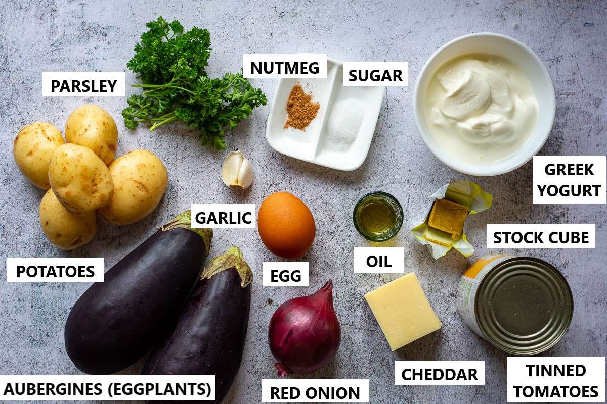 Ingredients for Aubergien tomato bake with potatoes.