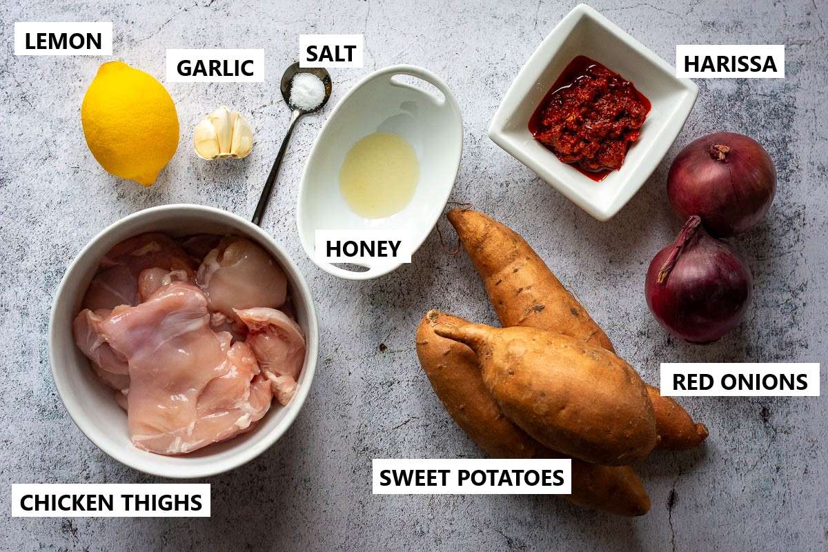 Ingredients for baked harissa chicken thighs.