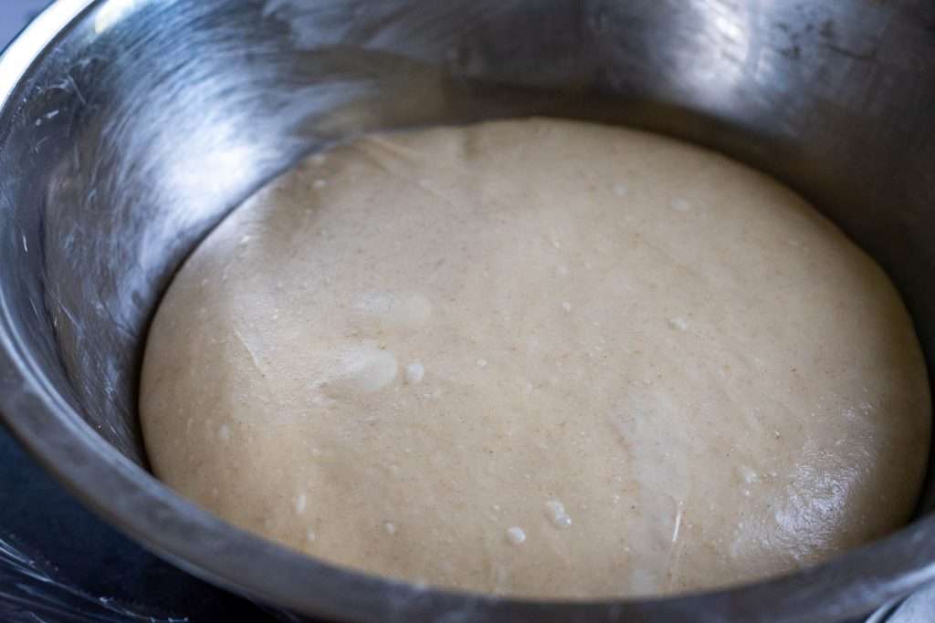 Sourdough at the end of bulk fermentation.