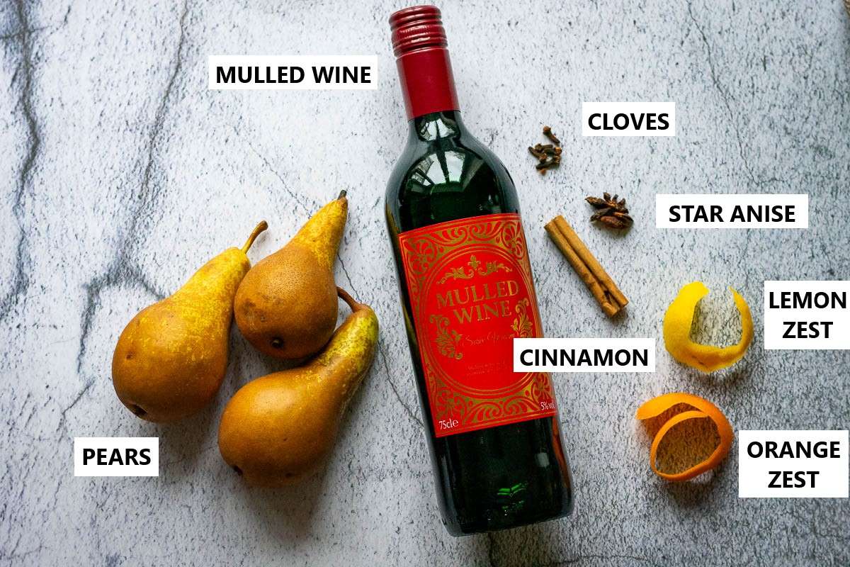 Ingredients for Pears poached in Mulled wine.