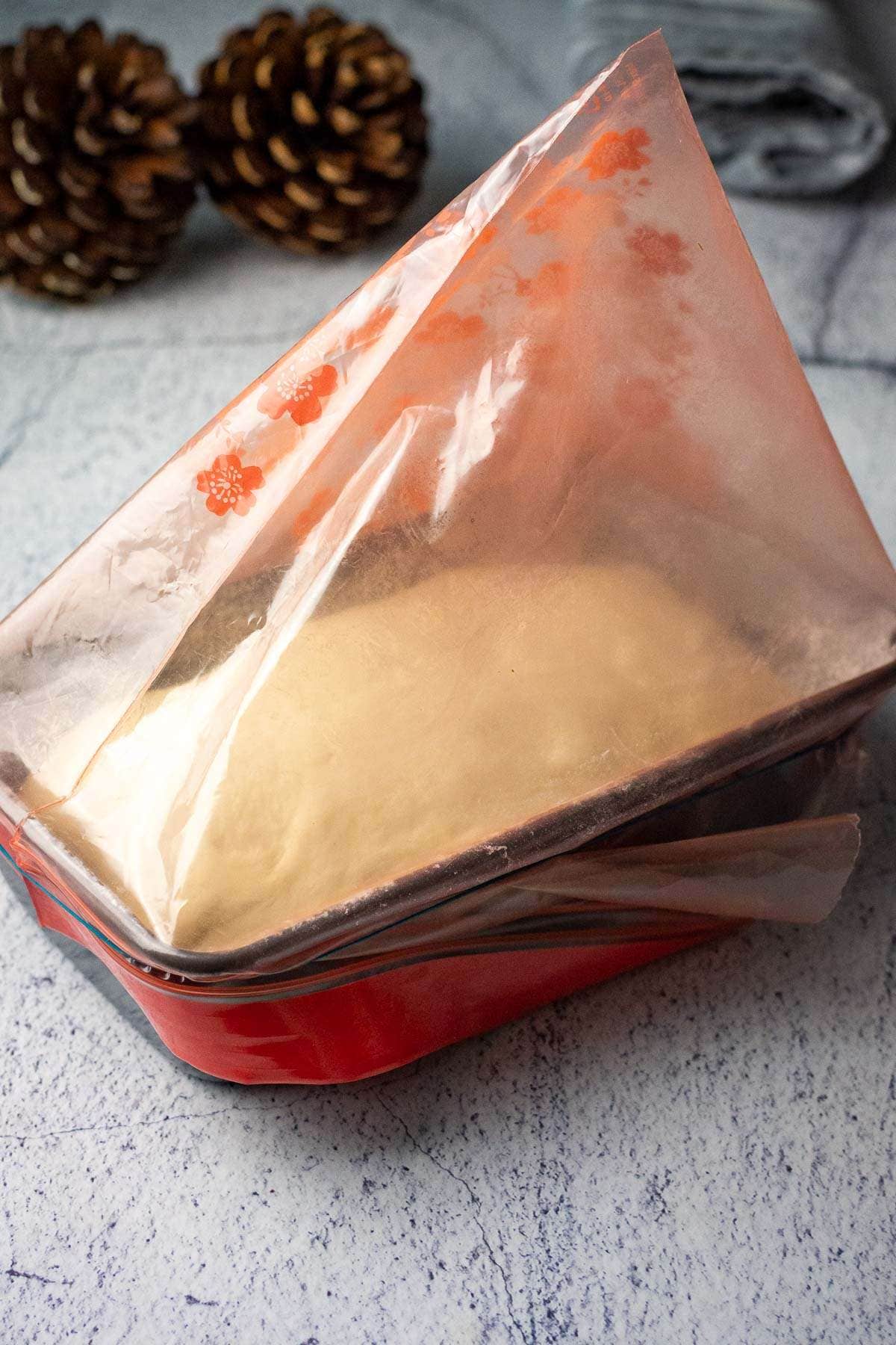 Sourdough in a loaf tin covered with a ziplock bag.