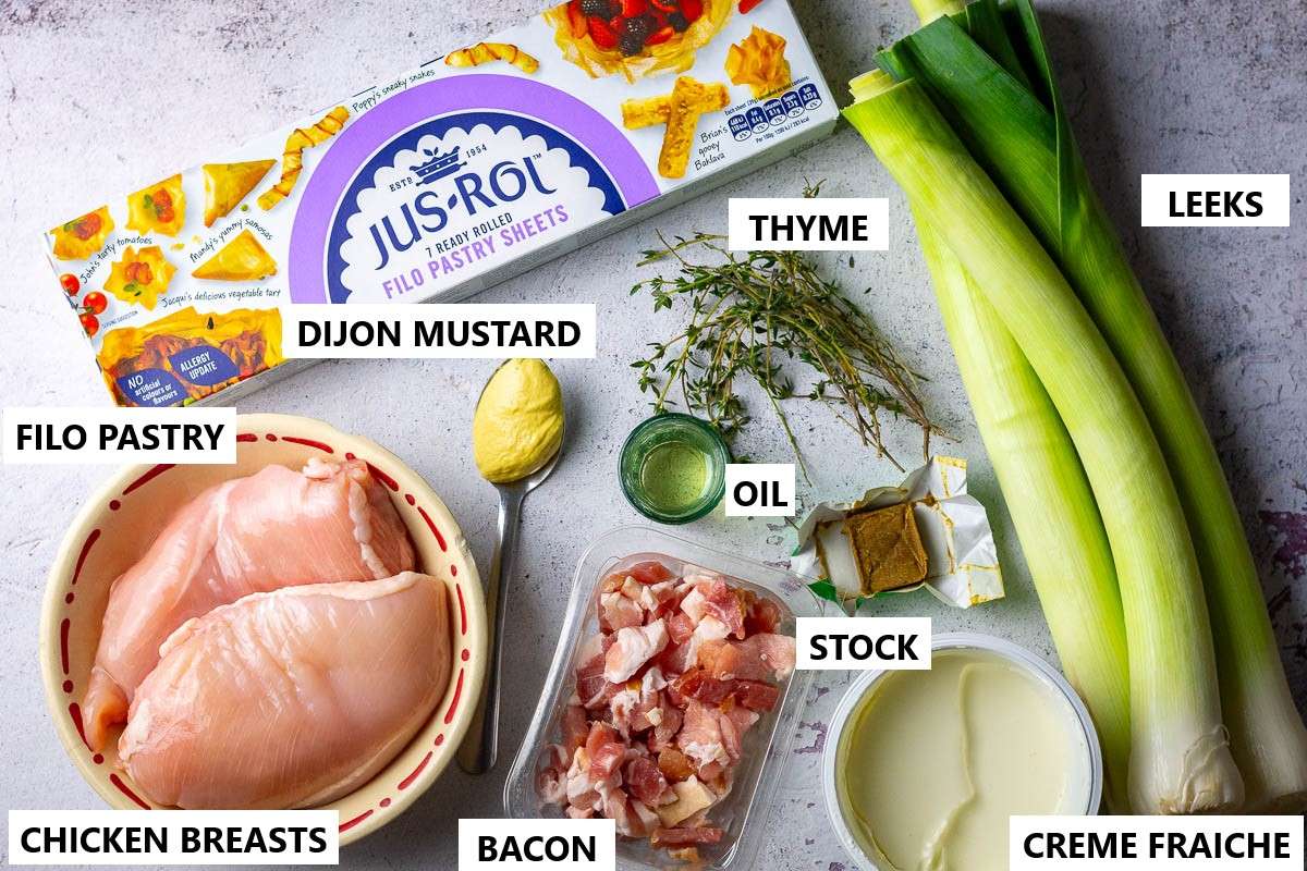 Ingredients for Filo Pastry Pie With Chicken, Bacon and Leeks.