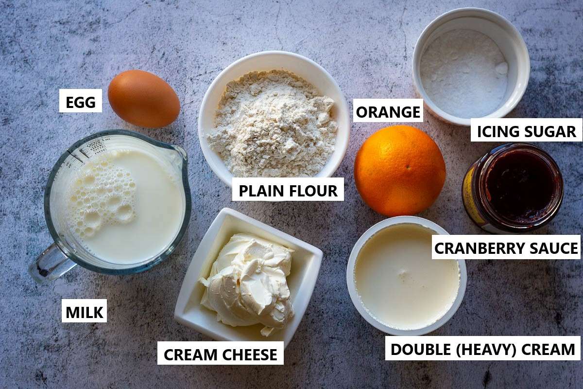 Labelled ingredients for the Homemade crepes with orange cream filling.