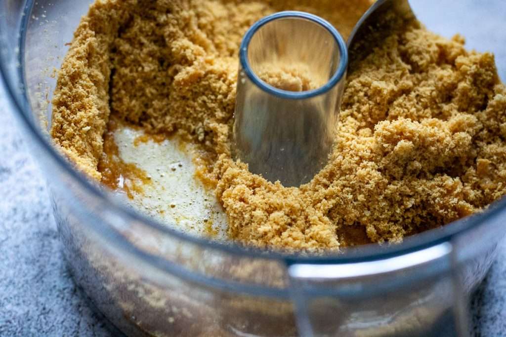 Melted butter poured over the digestive biscuit crumbs in a food processor bowl.