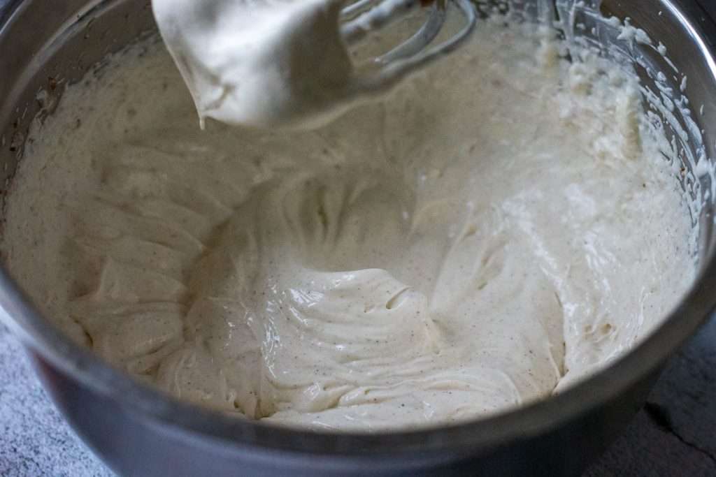 Cream cheese, creme fraiche, sugar and mied spice beaten with an electric mixer.
