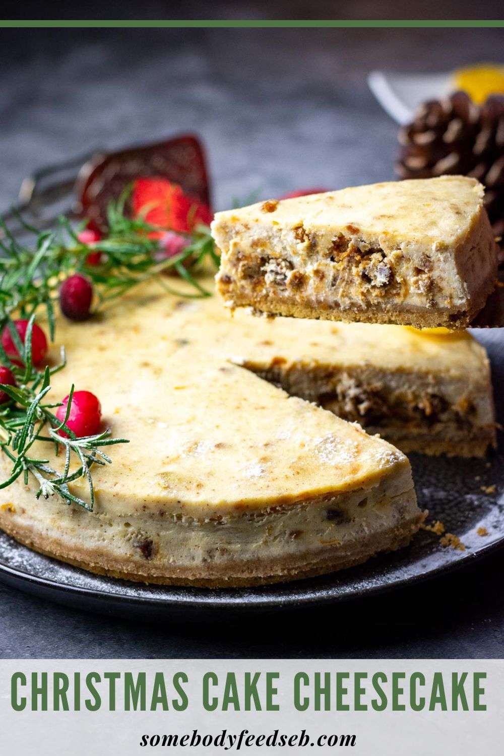 Pin for Pimterest for Christmas Cake Cheesecake.